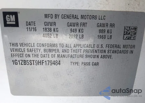 2017 Chevrolet Malibu Ls из США, поврежденный, VIN 1G1ZB5ST9HF179484